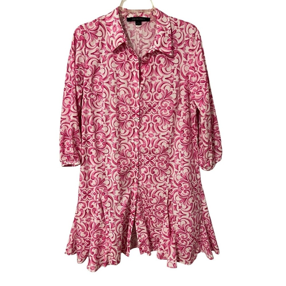 Cynthia Steffe Pink Scroll Cotton Shirt Midi Dress L Coastal Cottagecore Preppy
